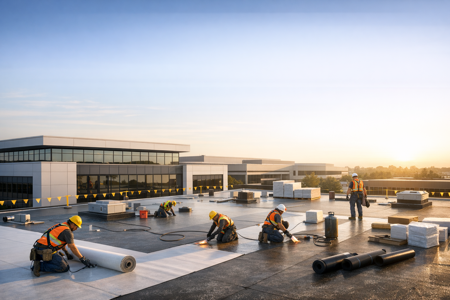 Modern commercial building with a new flat roof installation in progress