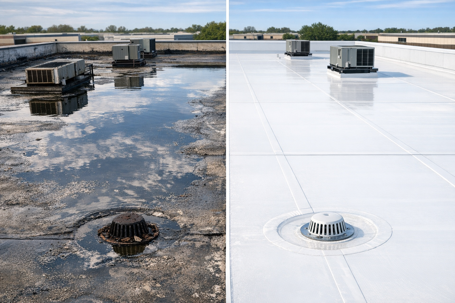 Before-and-after comparison of an aged commercial flat roof and a new roof membrane