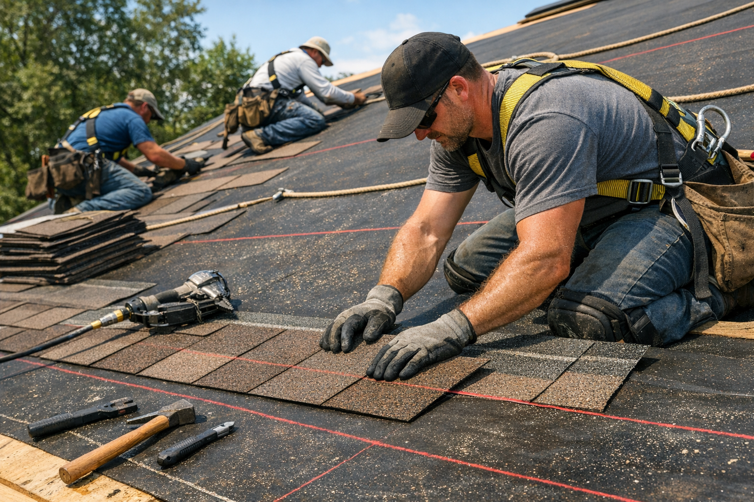Roofing crew installing architectural shingles with careful alignment and underlayment visible