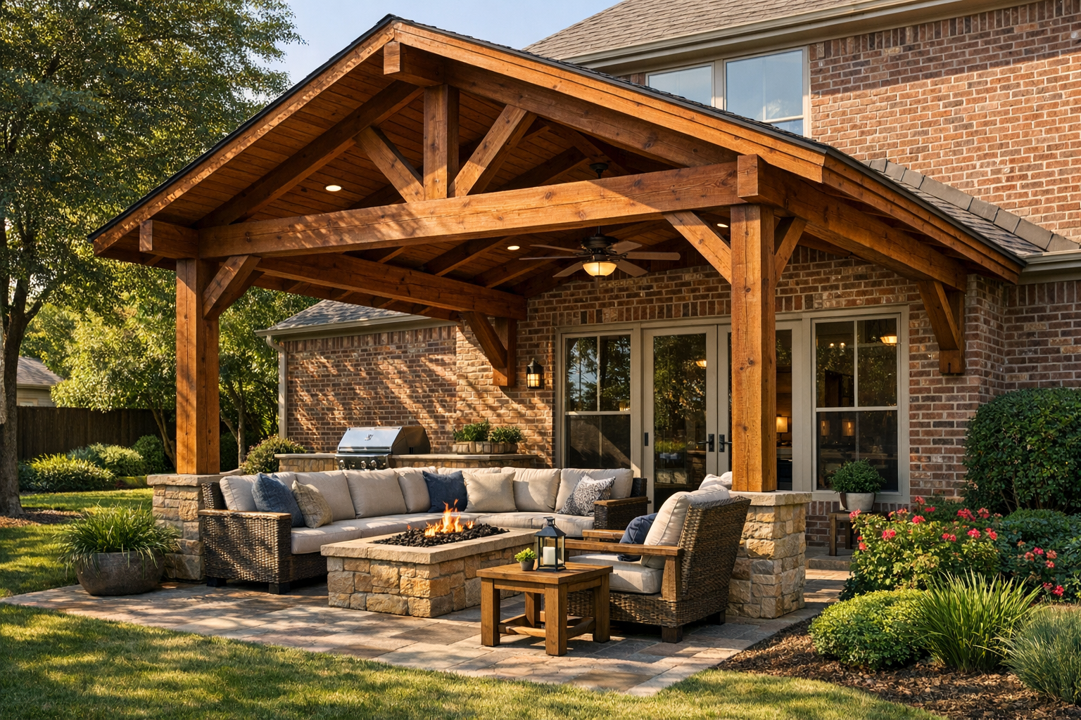 Custom cedar patio cover in Addison, Texas backyard