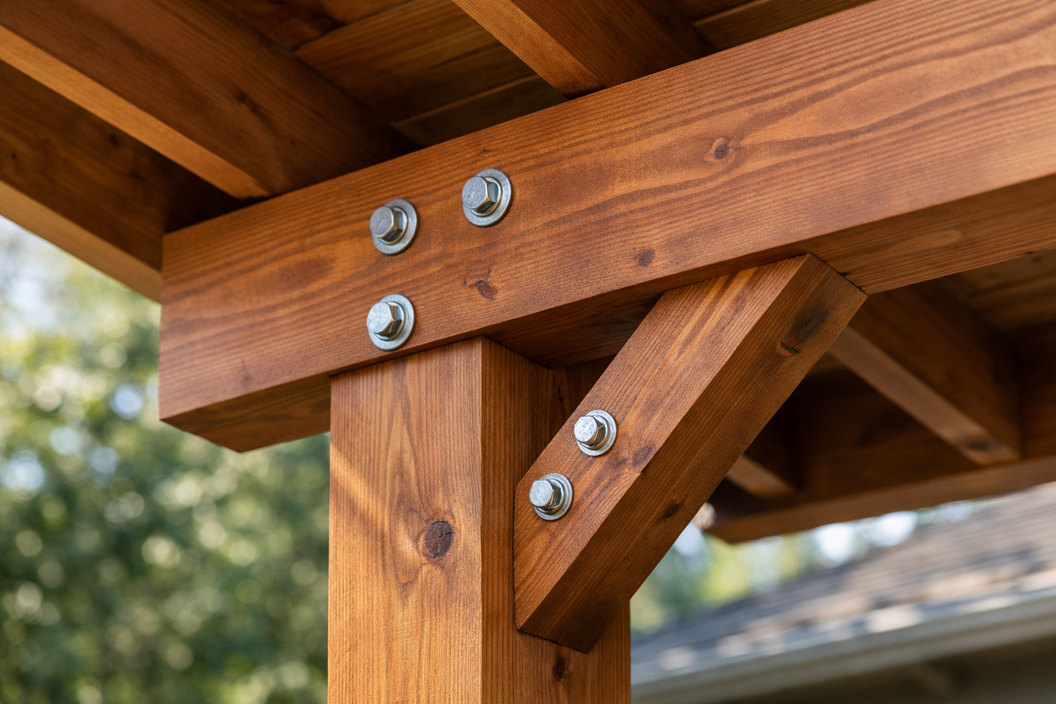 Close-up of cedar patio cover craftsmanship and joinery