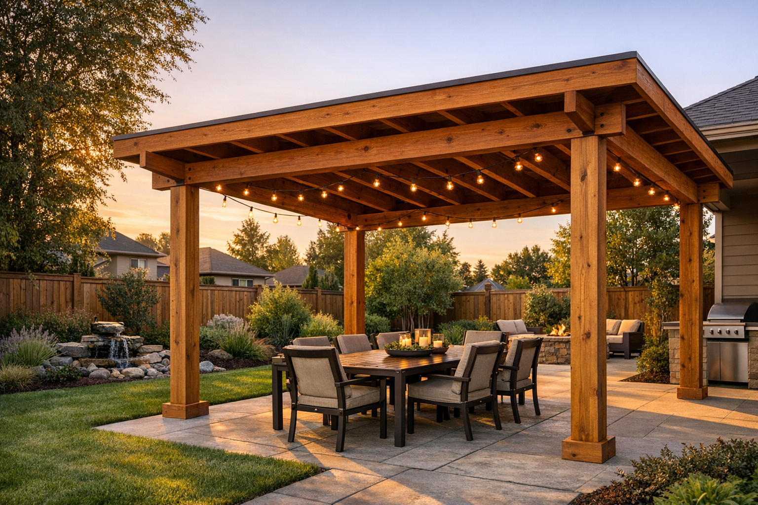 Backyard design options with cedar patio cover and outdoor dining area