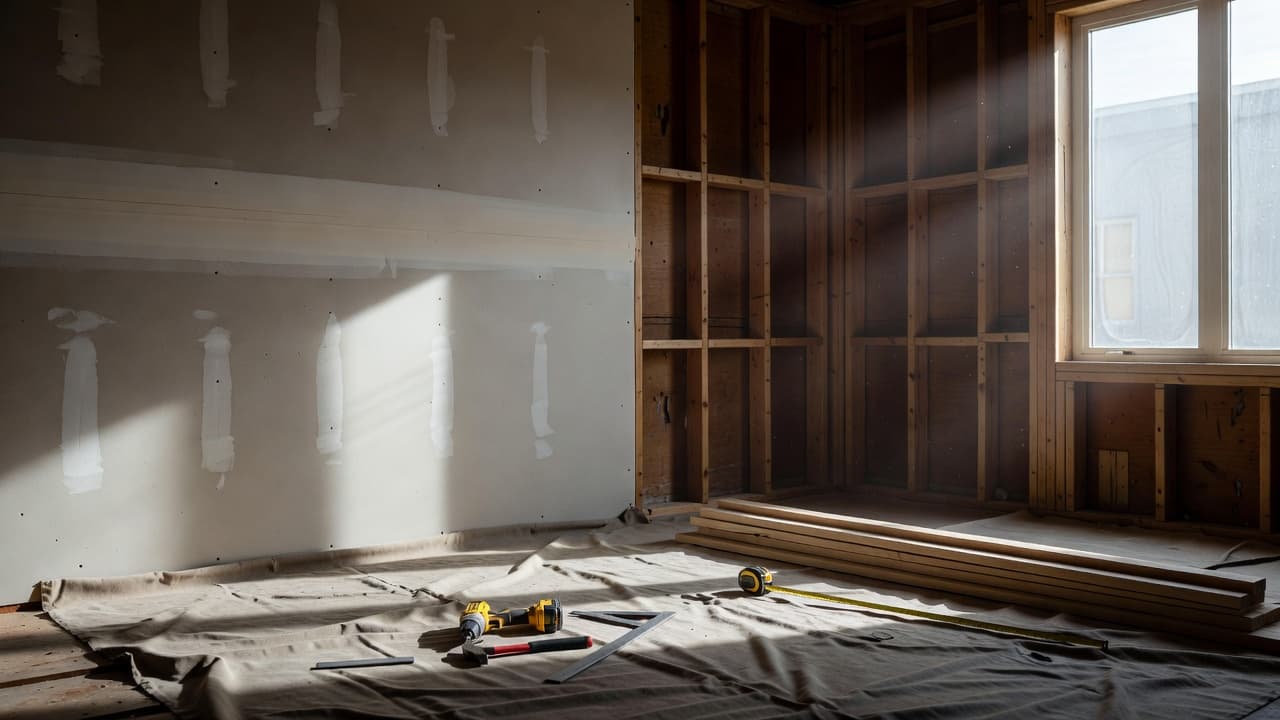 Home Renovation Timeline Denton TX, Partially finished drywall panels and exposed wooden wall studs dominate the interior of a residential renovation. A drop cloth neatly holds organized construction tools while soft morning sunlight streams inside.