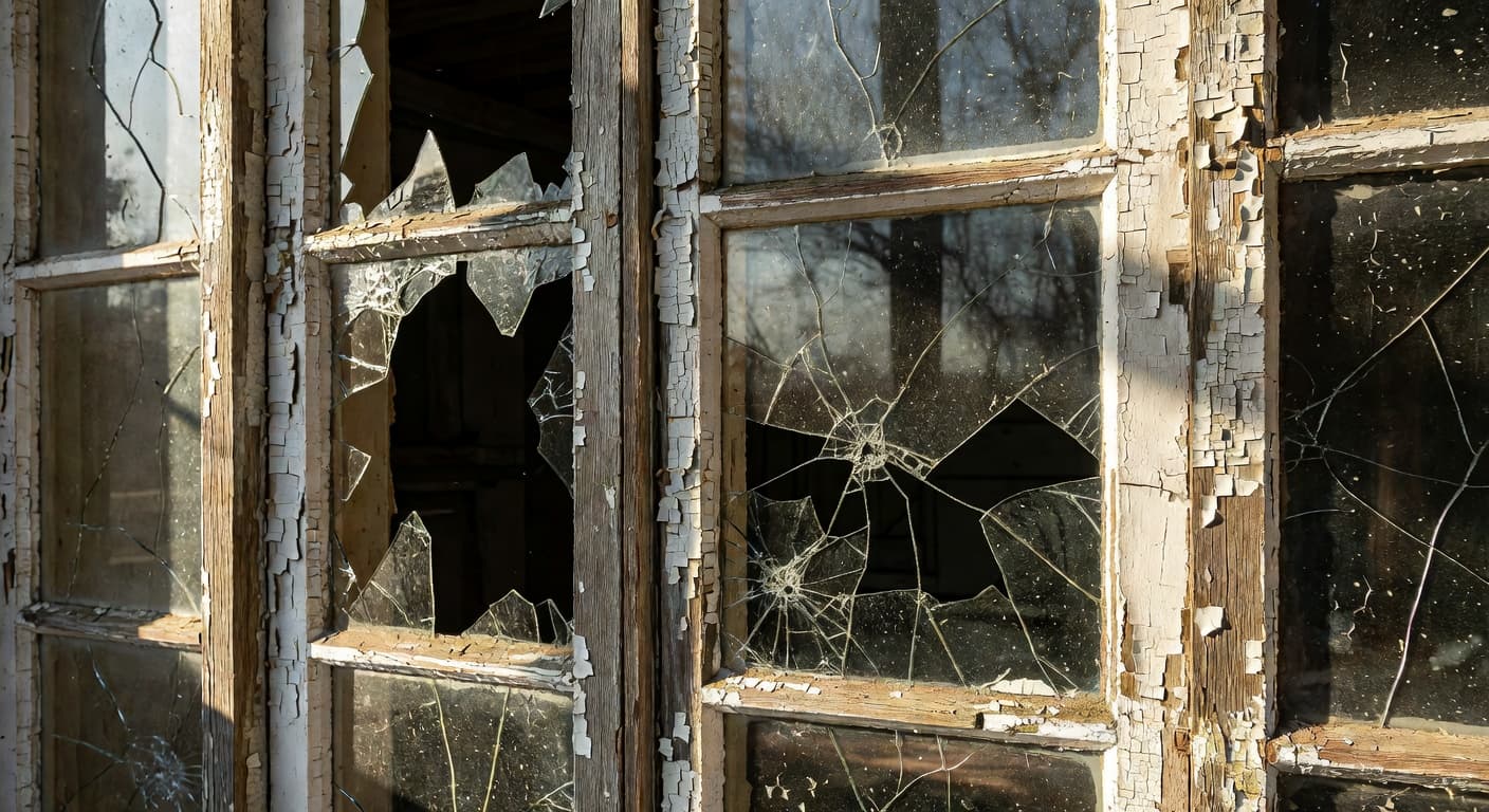 Close-up of aged wooden window frames showing peeling white paint and cracked glass panes. Soft morning light highlights the rough, decaying texture of the timber frames against a dark interior background.