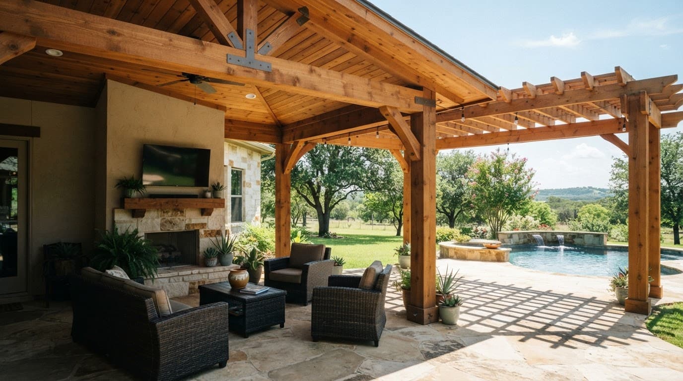 Energy-Efficient Home Improvements That Cut North Texas Bills 2 A wooden cedar patio cover providing shade over an outdoor living space on a sunny day.