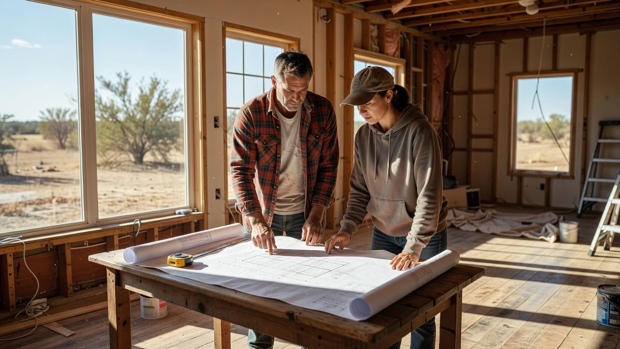 What to Expect During a Professional Home Renovation 1 Two construction workers in hard hats review physical blueprints on a wooden table in an unfinished home.