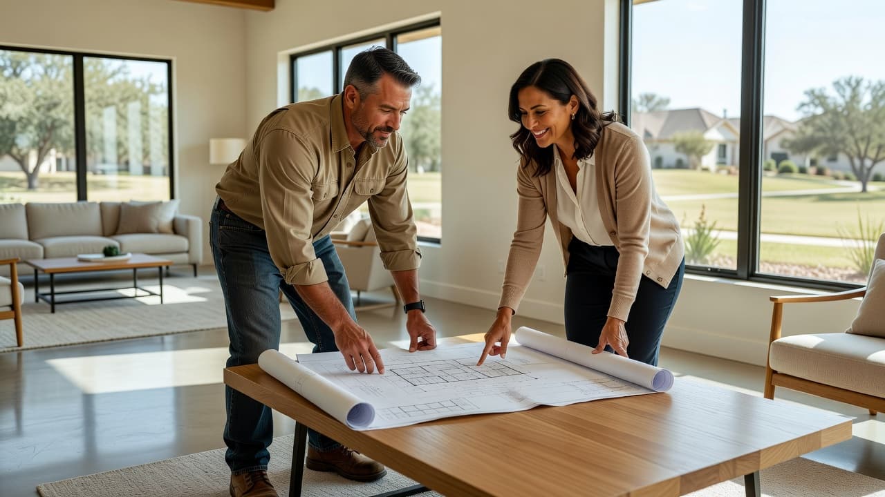 Hiring a Contractor? Questions That Protect Your Project 1 A contractor reviews blueprints with a homeowner in a bright living room.