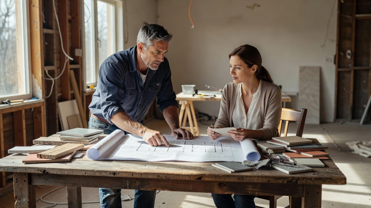 The Home Remodeling Process with The JBN Group 1 A contractor and homeowner reviewing blueprints and samples on a wooden table.