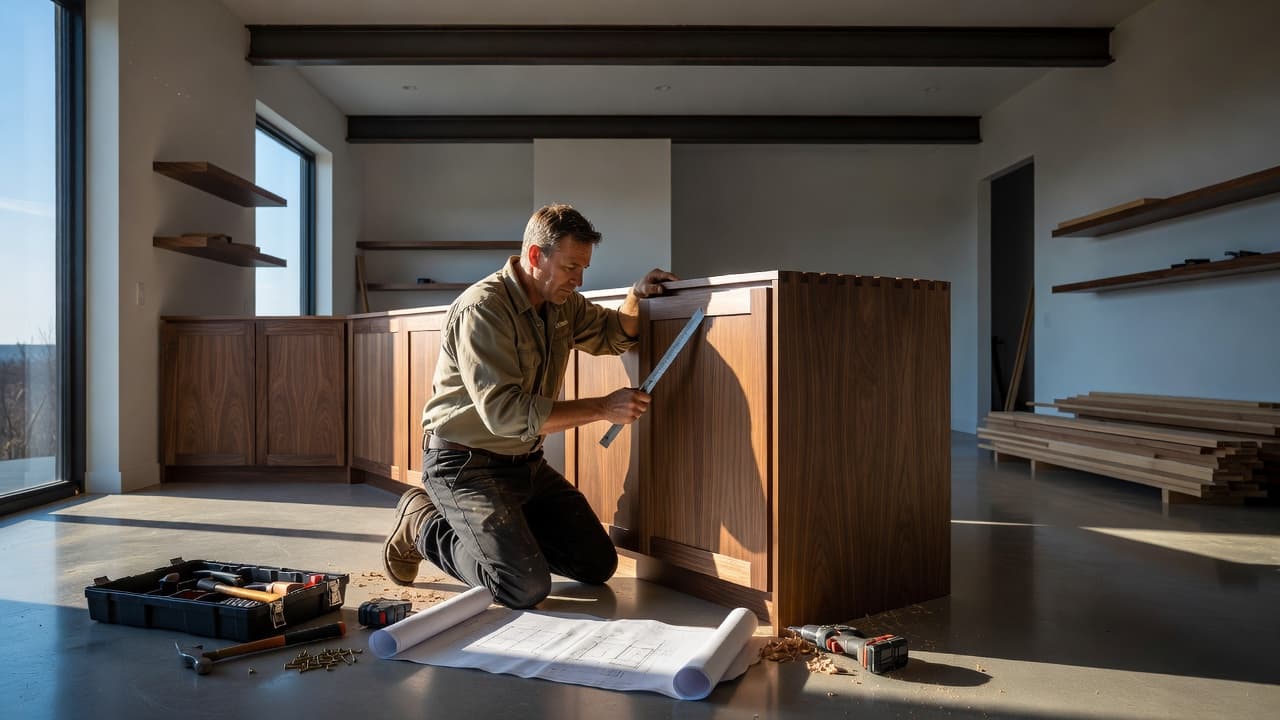 A contractor inspecting custom woodwork inside a modern home.