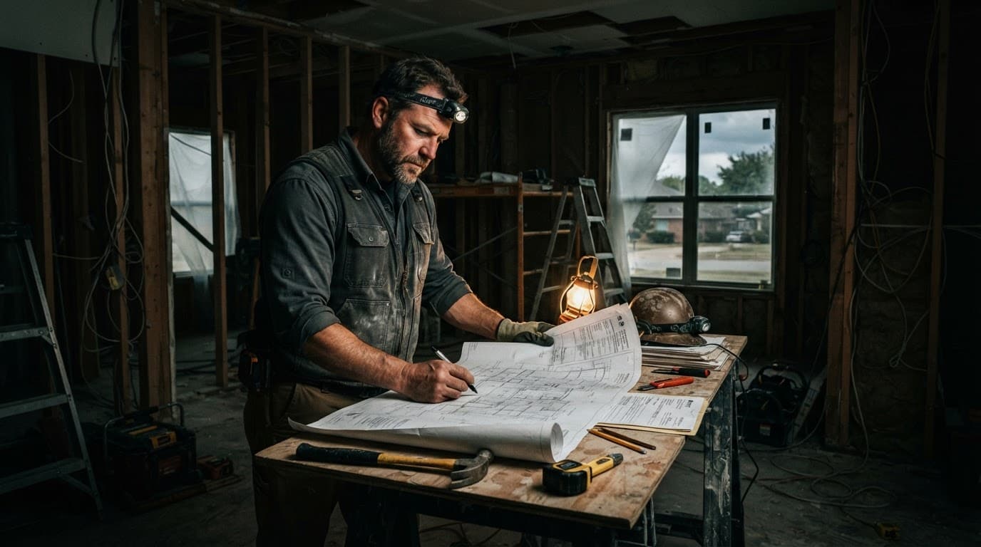 A contractor reviewing blueprints and building permits inside a home under construction.