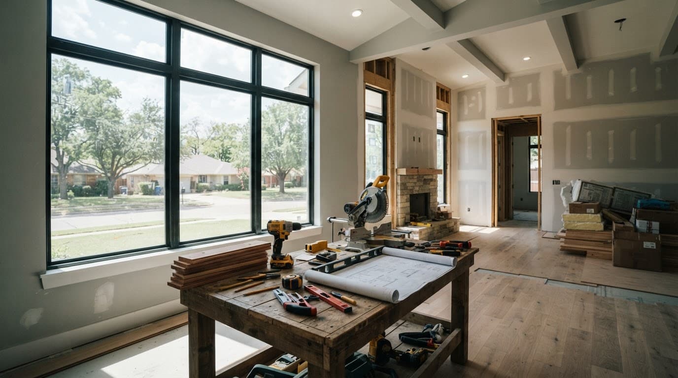 How Home Remodeling Value Grows in North Texas 1 Professional tools rest on a wooden table inside a sunlit room with new windows.