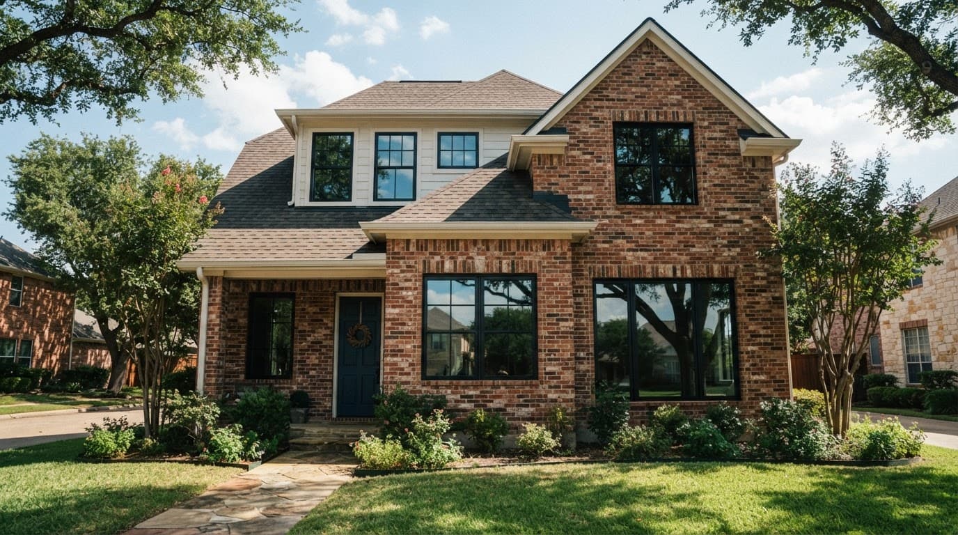 Energy-Efficient Home Improvements That Cut North Texas Bills 1 White replacement windows installed on a red brick house in daylight.