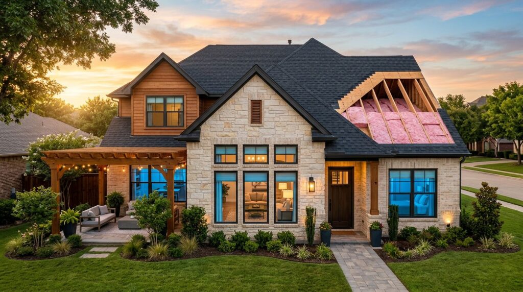 Energy-Efficient Home Improvements That Cut North Texas Bills 7 A suburban home at sunset with new windows and a wooden pergola.