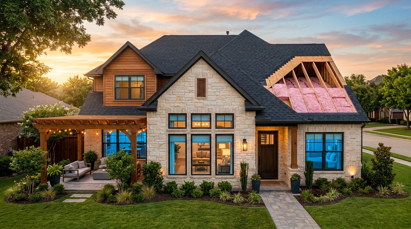 A suburban home at sunset with new windows and a wooden pergola.
