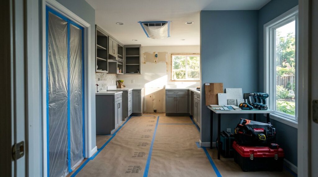 Home Remodeling Preparation: Get Your House Ready 10 A sunlit, partially renovated kitchen prepped with floor protection and plastic dust barriers.