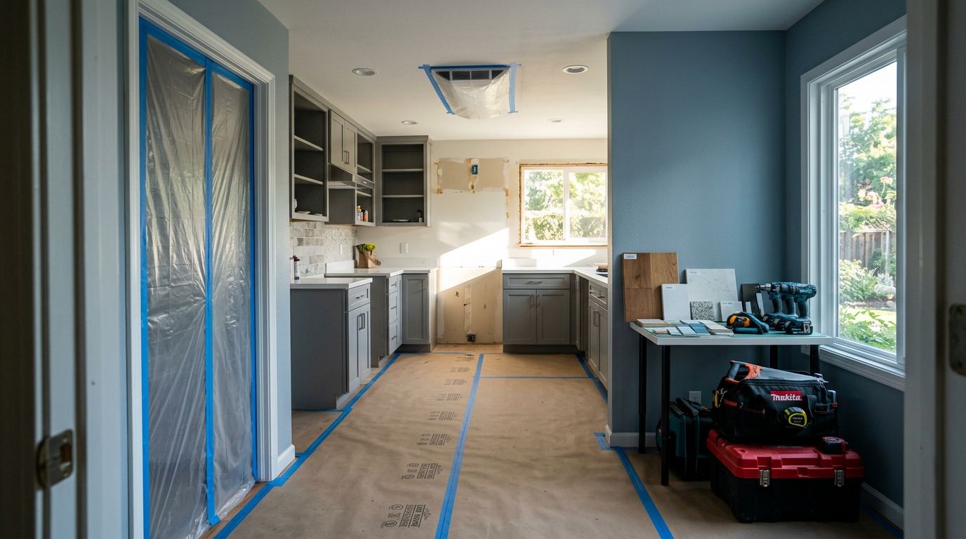 A sunlit, partially renovated kitchen prepped with floor protection and plastic dust barriers.