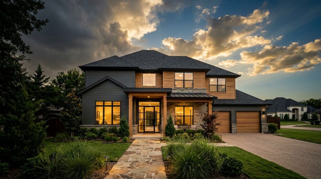 How Home Remodeling Value Grows in North Texas 6 A modernized suburban home with fresh siding and warm window light at sunset.