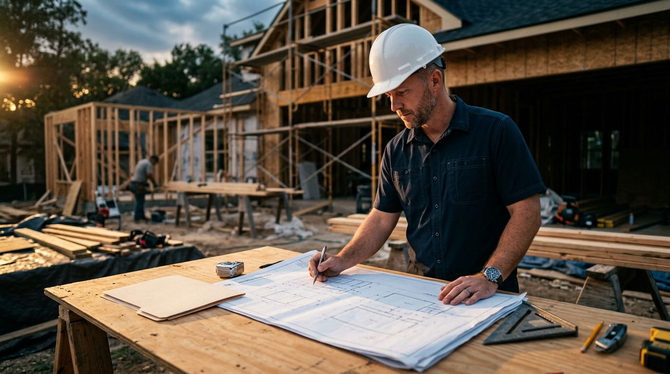 A contractor reviewing blueprints at a table with a home under renovation in the background.