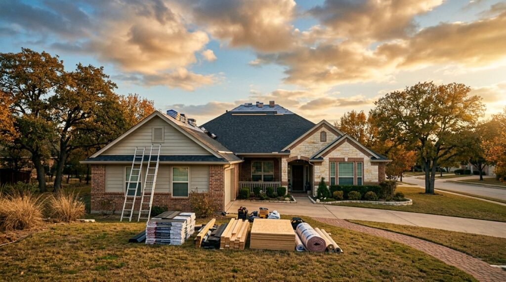 A suburban Texas home with stacked building materials and a ladder during autumn.