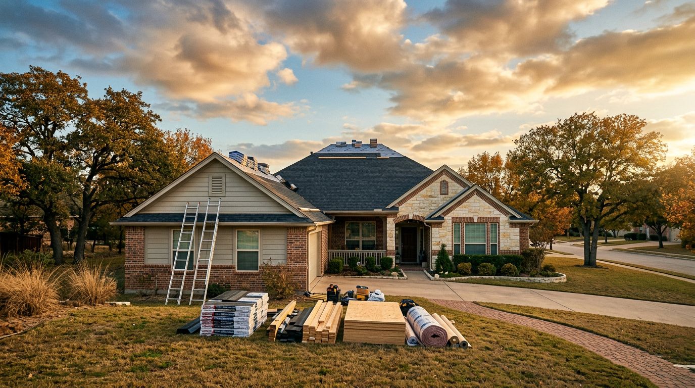 A suburban Texas home with stacked building materials and a ladder during autumn.
