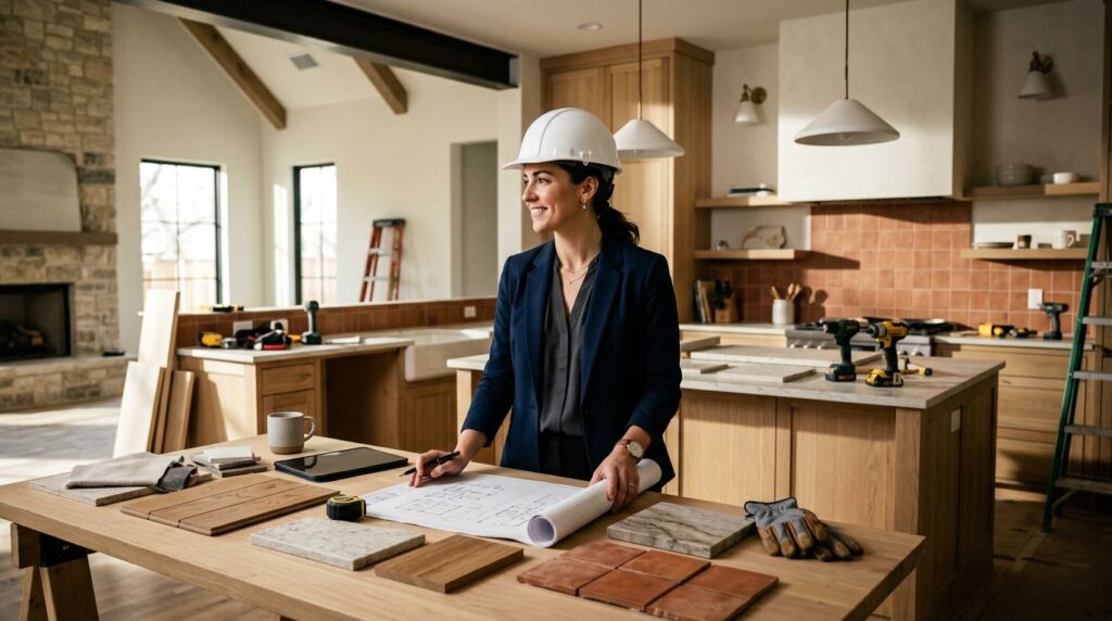 The Home Remodeling Process with The JBN Group 9 A woman in a safety helmet reviews architectural plans at a worktable during a home remodel.