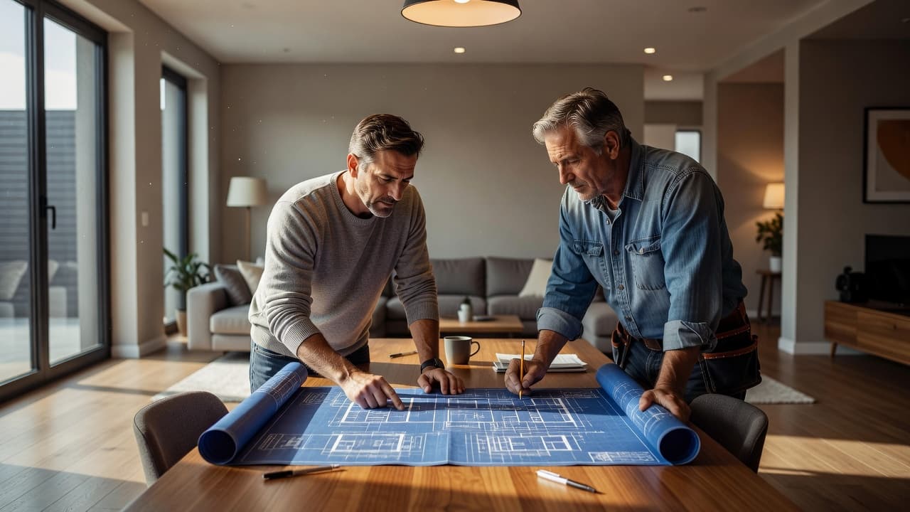 Home Remodeling Preparation: Get Your House Ready 1 A homeowner and contractor review architectural plans at a dining table.