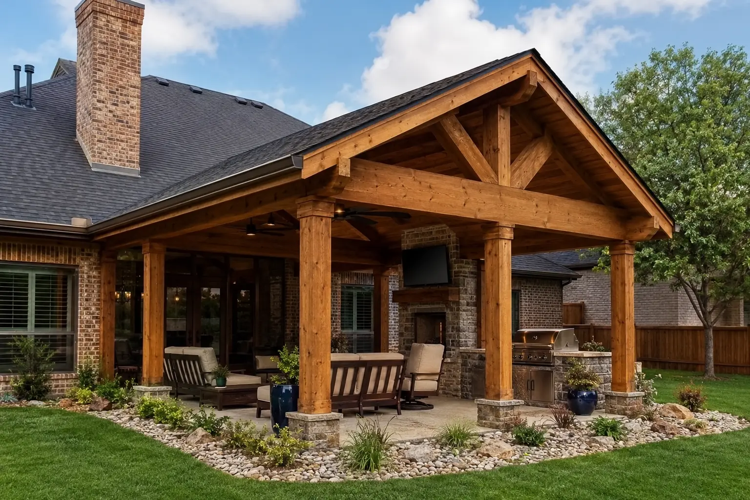 New cedar patio cover attached to a North Texas brick home