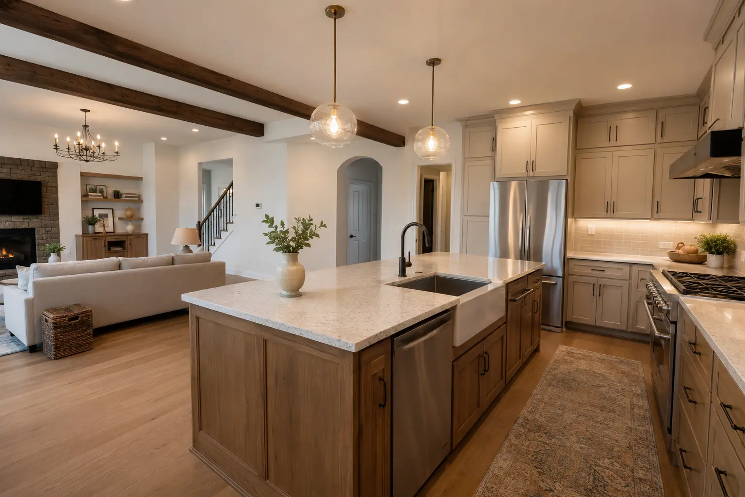 Completed kitchen and living room remodel in a North Texas home