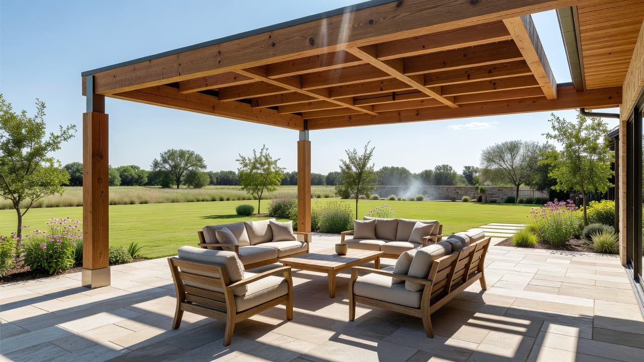 A custom cedar patio cover stands over a neatly arranged seating area in a sunny backyard. Lush green landscaping borders the wooden deck, creating an inviting atmosphere for outdoor relaxation.