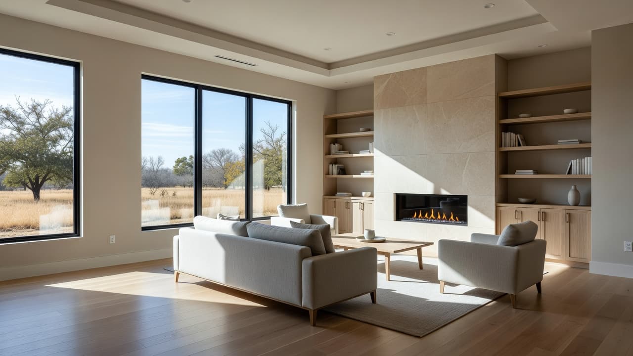 A bright and airy modern living room with neutral decor and open space.
