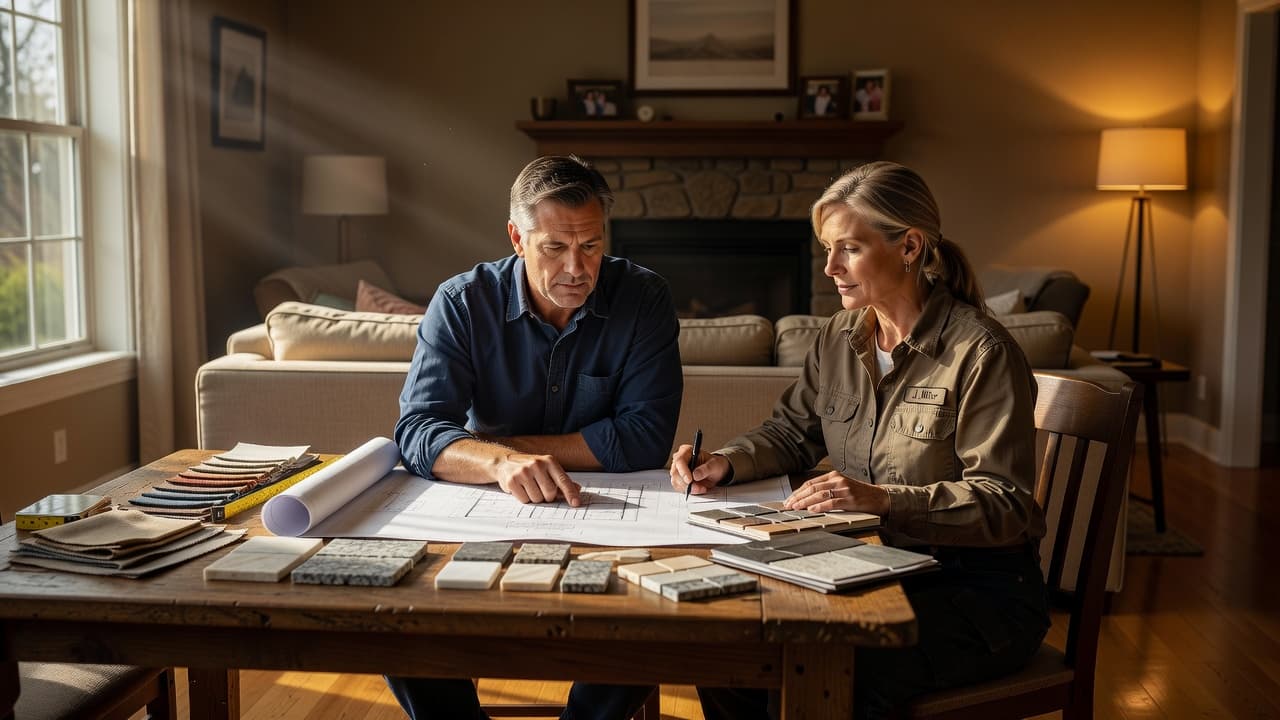 A contractor and homeowner review blueprints and material samples at a wooden table.
