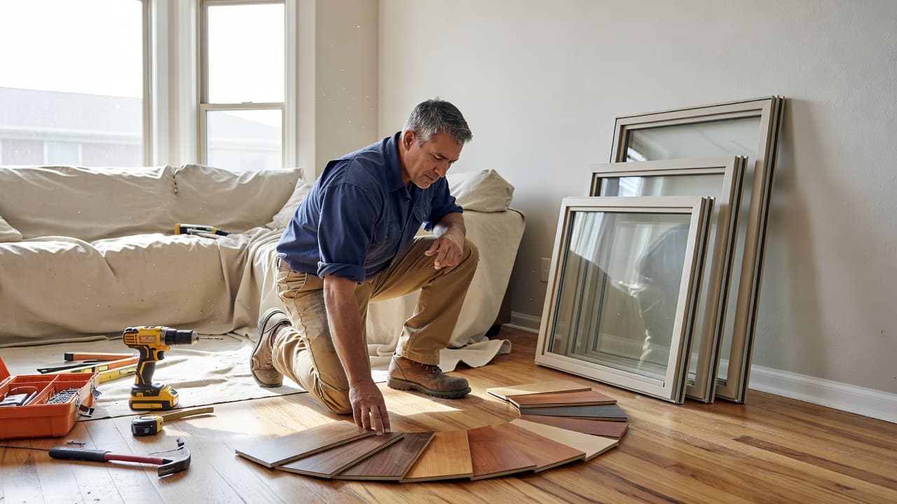 The Biggest Remodeling Mistakes Homeowners Make 1 A contractor reviewing flooring samples and window frames during a living room renovation.