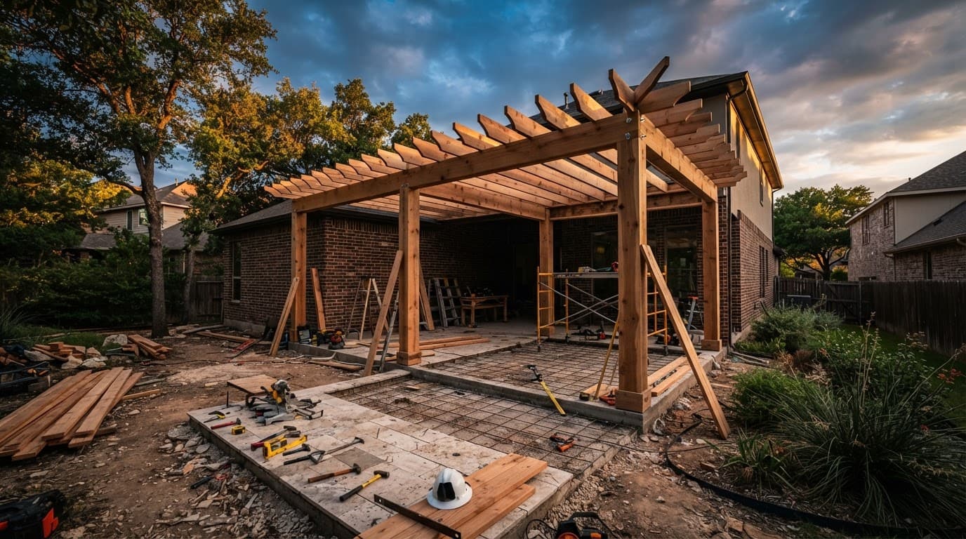 Wooden framing for a backyard pergola under construction in a suburban yard.