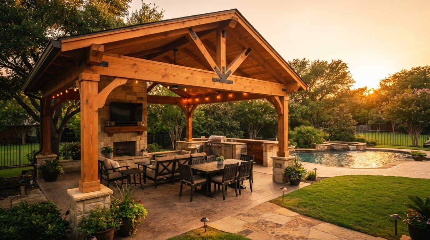 Cedar patio cover with outdoor seating and warm lighting in a landscaped backyard.