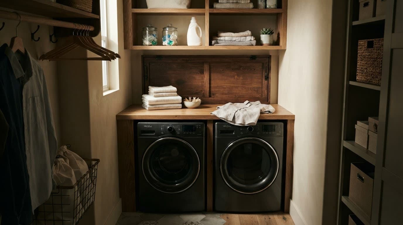 A wooden folding counter sits above a washer and dryer in a compact laundry room.