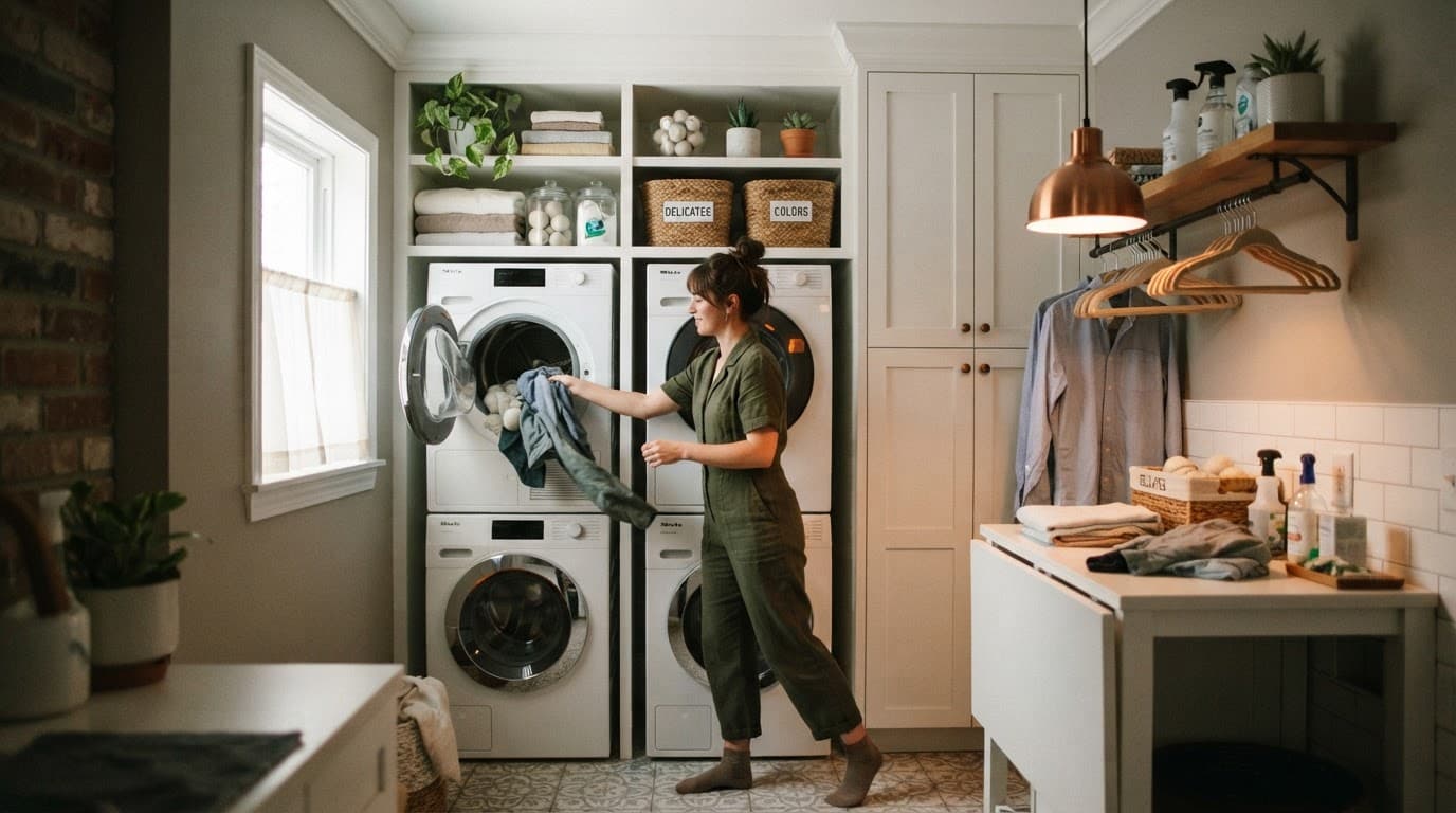 One person in a compact laundry room with stacked appliances and open shelves.