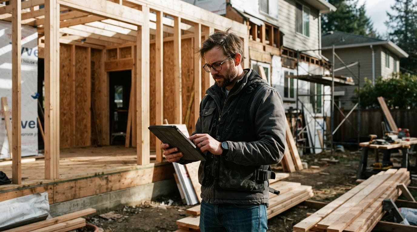 Construction Drawings: A Homeowner's Field Guide 3 A construction professional reviews plans on a tablet beside exposed house framing.