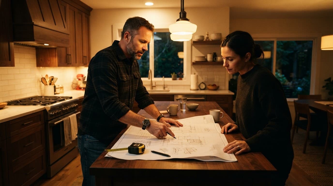 A contractor and homeowner review blueprints on a bright kitchen island.