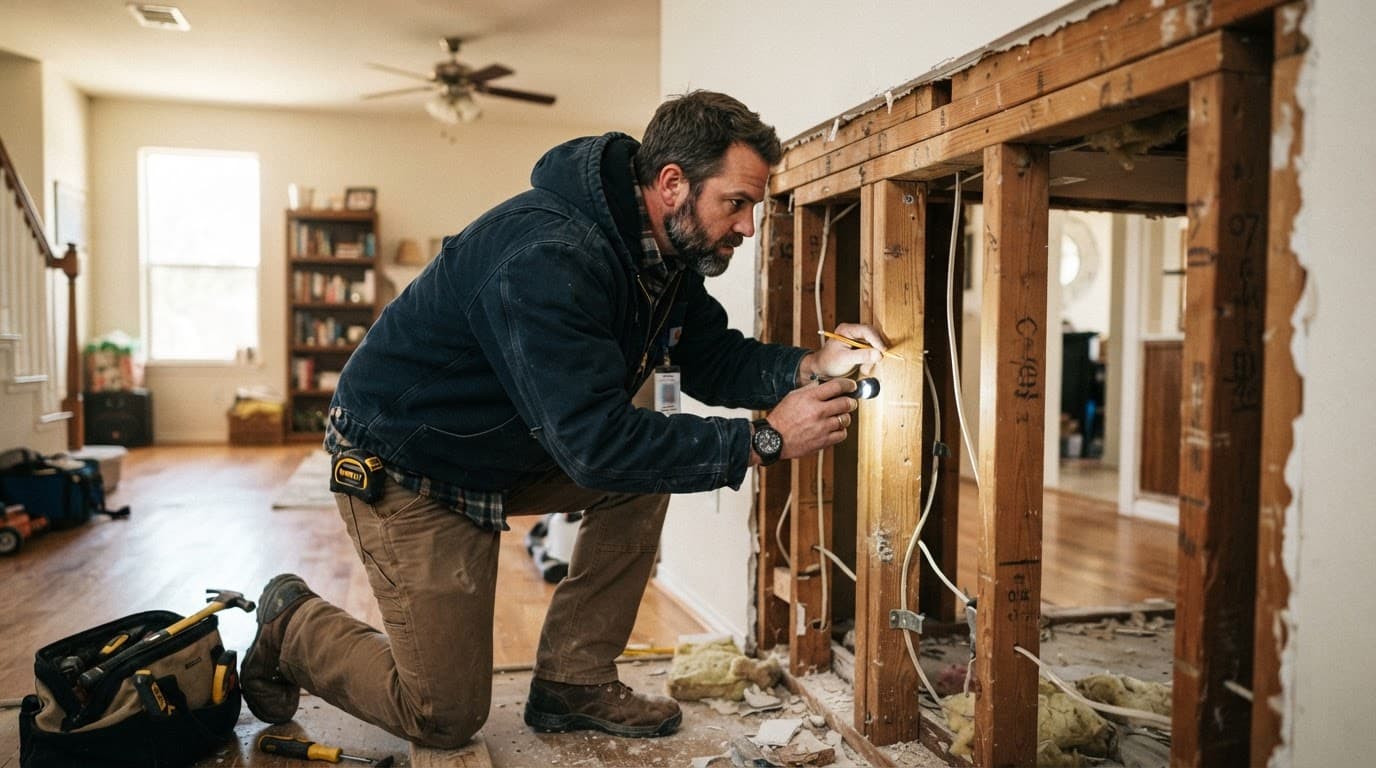 Open Concept Remodel: Check the Wall Before Demolition 1 A contractor inspects an interior wall in a bright home.