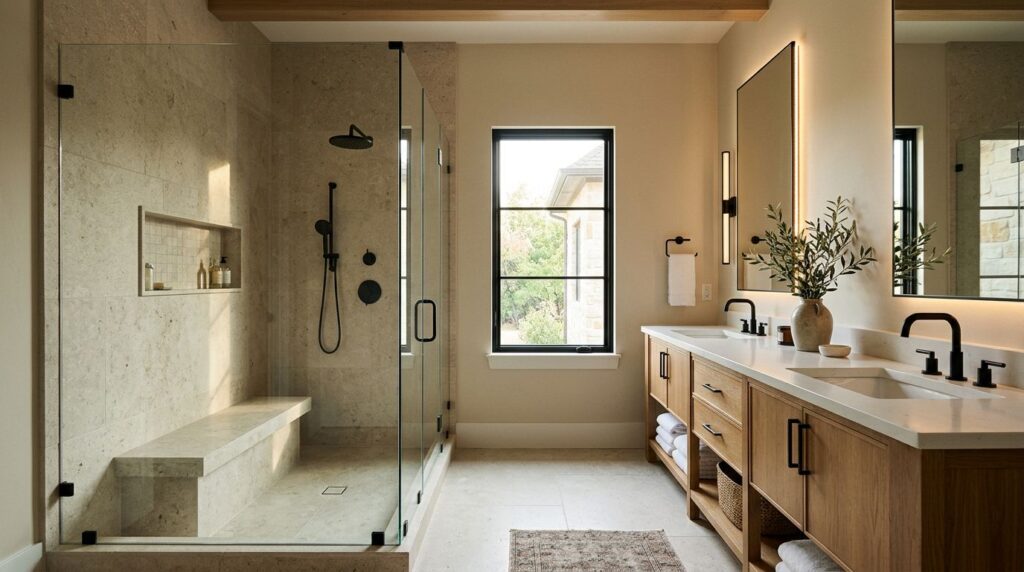 Bathroom Design Choices That Work in North Texas 4 A bright bathroom with a glass shower, double vanity, stone tile, and black fixtures.
