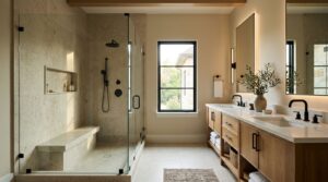 A bright bathroom with a glass shower, double vanity, stone tile, and black fixtures.