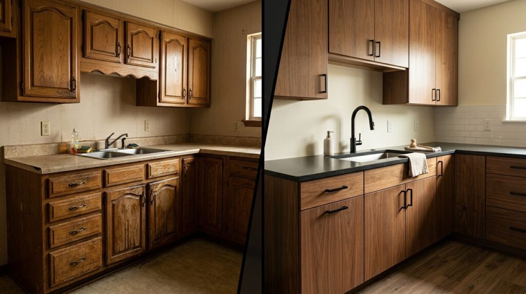 Cabinet Refacing vs Replacement for Older Kitchens 7 Older oak cabinets contrast with sleek updated cabinetry in the same kitchen.