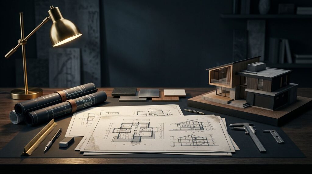 Construction Drawings: A Homeowner's Field Guide 6 Plans, blueprints, drafting tools, and a house model arranged on a dark table.