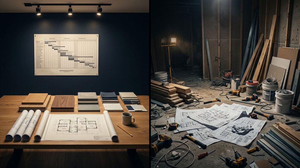 Design-Build vs Separate Contractors for Major Remodeling 5 Split view of organized remodeling plans beside a scattered renovation worksite.