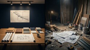 Split view of organized remodeling plans beside a scattered renovation worksite.