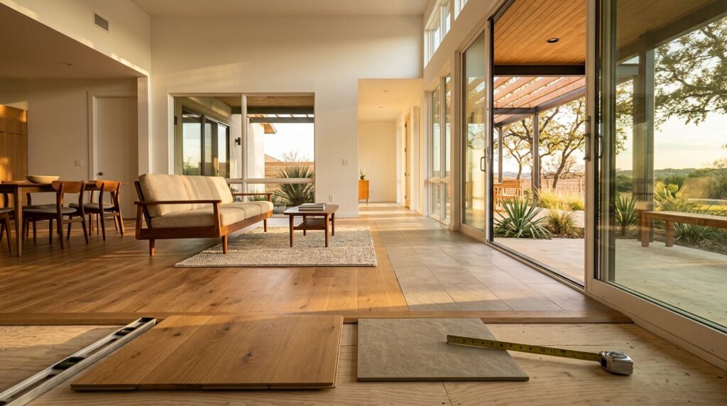 Flooring Choices That Hold Up in North Texas Homes 2 Modern home with wood flooring, porcelain tile, samples, and measuring tape.