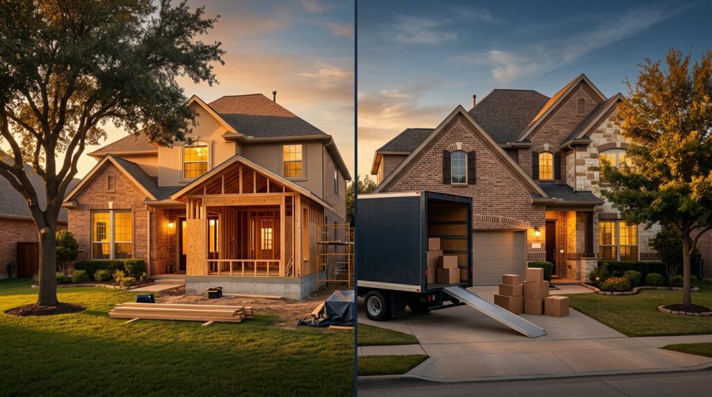 Home Addition vs Moving Costs: A 2026 North Texas Guide 2 A North Texas home addition appears beside a sold home with moving boxes and a loaded truck.