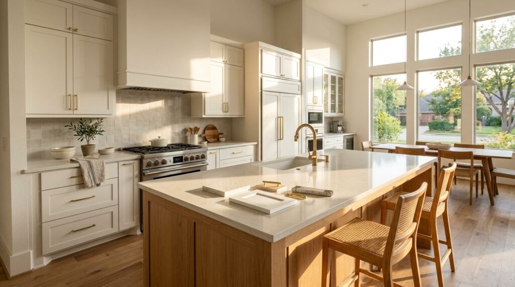Kitchen Remodel Cost North Texas: 2026 Budget Guide 5 Bright remodeled kitchen with white cabinets, oak island, quartz counters, and samples.