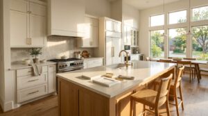 Bright remodeled kitchen with white cabinets, oak island, quartz counters, and samples.