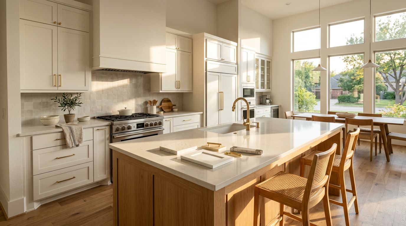 Bright remodeled kitchen with white cabinets, oak island, quartz counters, and samples.